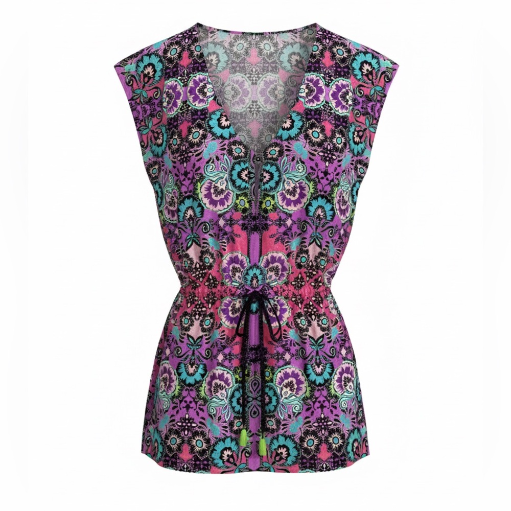 Nanette Lepore women’s Purple Floral V-Neck Drawstring Tunic swim coverup size L